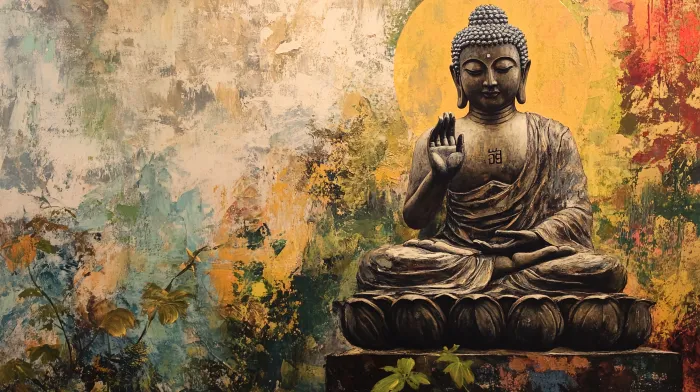 Impressionist painting of Lord Buddha in Abhaya Mudra seated on a lotus throne with a golden halo. | PrintPosters.in